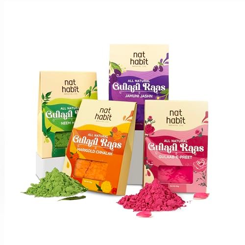 Nat Habit Handmade Gulaal Combo, Neem Mauj, Jamuni Jashn, Marigold Chhalak & Gulaab-E-Preet, Enjoy The Spirit Of Holi With Our Eco-Friendly, Organic Gulaal-Rangeela Colors (Pack Of 4, 200Gm)