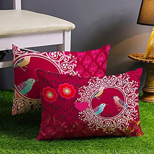 STITCHNEST Set of 2 Polycotton Cushion Covers – Pink & Orange Traditional Bird Print – 12×18 Inches – Ethnic Decorative Cushion Covers for Sofa & Living Room