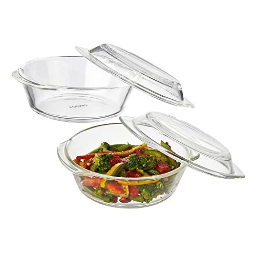 Amazon Brand – Solimo Set of 2 Borosilicate Glass Casserole-Cum-Serving Bowl with Lid | Microwave & Oven Safe| Deep Round | 650 Ml Each| Transparent