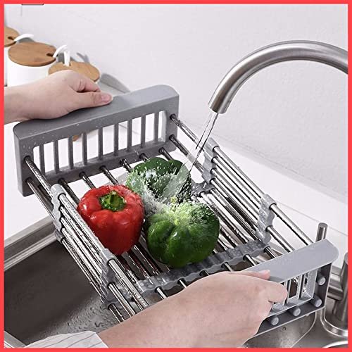 wolpin Stainless Steel Retractable Kitchen Dish Drainer & Drying Rack Sink Basket for Washing Bowls Utensils Vegetables Fruits Storage Organiser Expandable Up to 48 cm