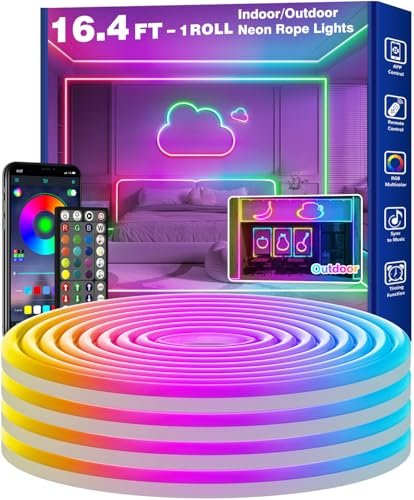 RCUICA 16.4Ft Neon LED Rope Lights,Flexible with App/Remote,Multiple Modes Rope Lights,IP65 Outdoor RGB Led Neons Light Waterproof,Music Sync Gaming Led Neon Strip for Bedroom Decor