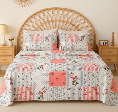 VAS COLLECTIONS Cloud Cotton Double Bedsheet 210 TC | Soft & Breathable Cotton Bedding Set with 2 Pillow Covers | Elegant Floral Printed Bed Sheet for Bedroom & Home | 90×100 Inches (Pastel Patchwork)