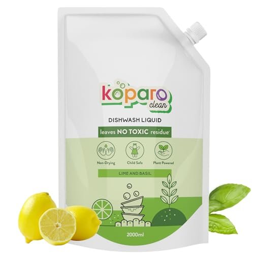 Koparo Organic Dishwash Liquid | 2 Litres Refill Pack | Powerful Grease Cutting Dishwasher Liquid | Thick Foam Liquid Dishwash for Kitchen Utensils | Baby & Pet Safe | Lime & Basil Fragrance