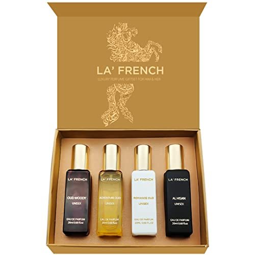 La French Oudh Unisex Eau De Parfum Best Perfume Gift Hamper Set 4 x 20ml for Men & Women | with Adventure Oud, Romance Oud, Al Hisan, Oud Woody | Eau De Perfume Set For Men and Women.