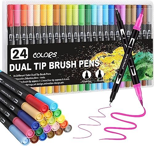 Corslet 24 Colors Dual Tip Colored Brush Pens Art Marker Set Fine Point Calligraphy Markers for Artists Pen Set Journal Pens for Adult Coloring Books Markers Set (Set of 24)