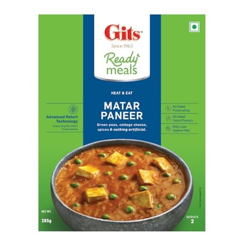 Gits Ready to Eat Matar Paneer, Pure Veg, Heat and Eat Spicy Curry, Microwaveable, 285g