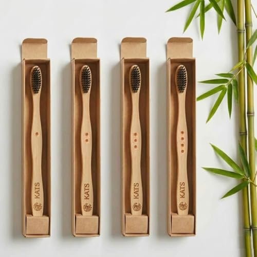 KATS Organic Bamboo Toothbrush for Adults (Pack of 4), Charcoal Activated Soft Bristles, Identification Marks, Biodegradable, Anti-Bacterial, Eco-friendly, Natural, Manual