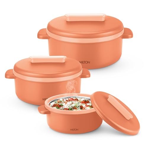 MILTON Micronova Jr. Gift Set Inner Stainless Steel Casserole, Set of 3 (380 ml, 775 ml, 1345 ml), Peach, BPA Free, Food Grade, Hot and Cold, Microwaverable Steel, Dishwasher Safe, Chapati, Roti