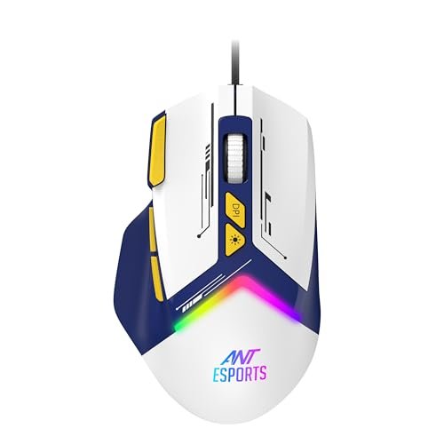 Ant Esports GM333 RGB Wired High End Optical Ergonomic Gaming Mouse with 12800 DPI 1.5M Braided Cable Comes with Latest Inbuilt Software Huano Switches with Rubber Coated Topcover -Blue/White/Yellow