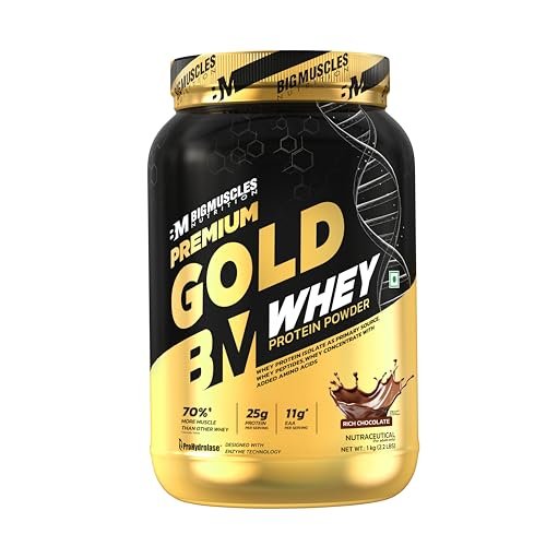 Bigmuscles Nutrition Premium Gold Whey [1Kg] | Informed Choice UK Certified | Isolate Whey Protein Blend | 25g Protein | 11g EAA | ProHydrolase Enzyme Technology [Rich Chocolate]