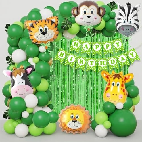 Rozi Decoration Jungle Safari Birthday Decoration Set, 48 Pieces with Animal Balloons, Green Foil Curtain, Happy Birthday Banner (Cardstock)