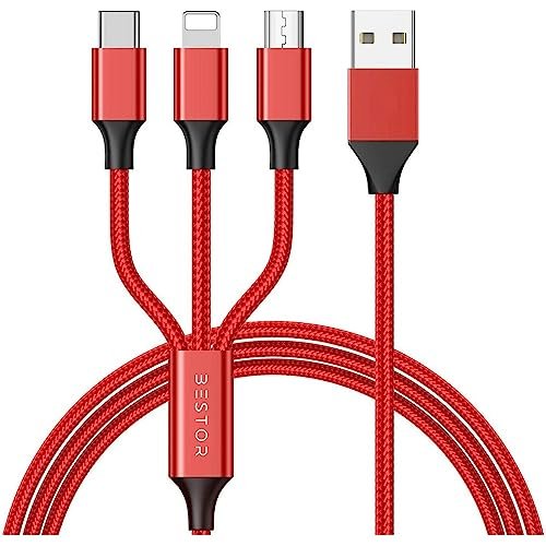 BESTOR® Multi Charging Cable 3 in 1 Nylon Braided Multiple USB Fast Charging Cable for Android, iOS and Type C Devices USB Port Connectors Compatible Smart Phones & Tablets (Red)