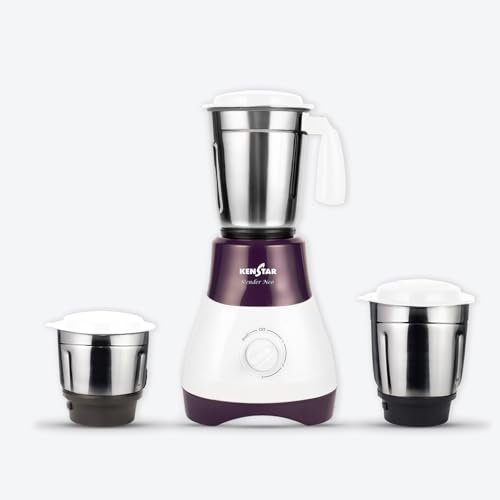 Kenstar SLENDER NEO Mixer Grinder 500 Watts | 3 Multi-Purpose Jars | Powerful Turbo Motor | Overload Safety | White & Purple