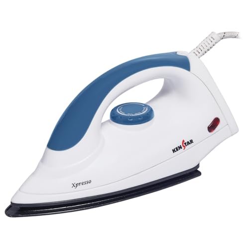 Kenstar XPRESSO 1000W Dry Iron | Non-Stick PTFE Soleplate | Auto Cut-Off & Fabric Selector | 180° Swivel Cord | Blue & White