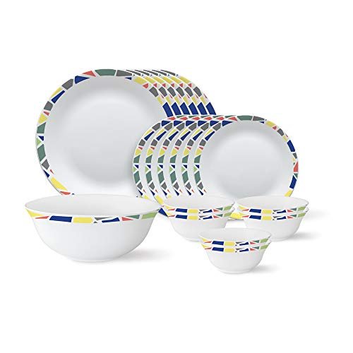 Larah by BOROSIL – Tiara Series, Garnet, 19 Pcs, Opalware Floral Dinner Set, White