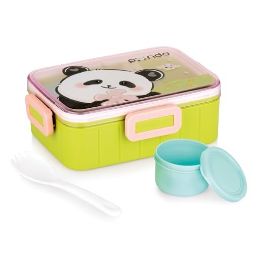 ATTRO Quick 2 Lunch Box Panda Theme with Includes 2 Compartments, 1 Small Container & Baby Spoon, BPA-Free, Food-Grade Perfect for Kids – Parrot Green 600ml, Plastic