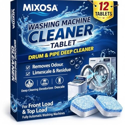 MIXOSA Washing Machine Cleaner Tablets 12 Pack | Deep Cleaning, Deodorizing & Descaling |For Front&Top Load Washers | Removes Odor, Residue & Buildup |Clean Inside Drum And Laundry Tub Seal.(12-PACK)