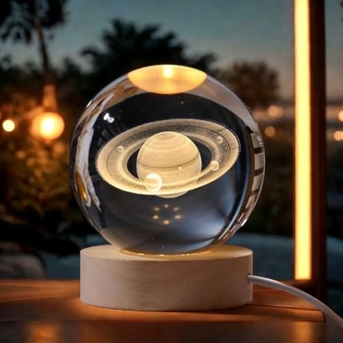 BTfash 3D Saturn Crystal Ball Night Lamp, Galaxy Light Ball with Wooden Base, Perfect for Home Decor, Office, Birthday Gift & Kids Bedroom