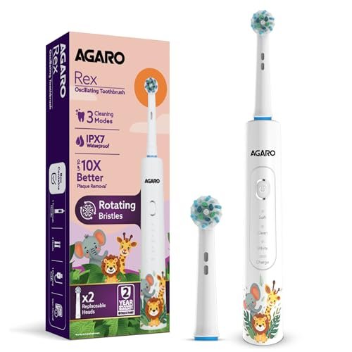 AGARO Rex Oscillating Kids Electric Toothbrush, 3 Cleaning Modes, Oscillating Round Head, 2 Replaceable Heads, 2-Min Smart Timer, USB-C Rechargeable (Up to 21 Days), IPX7 Waterproof