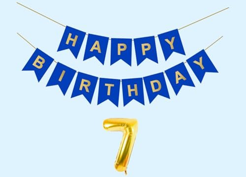 Mystic Toy Store 7th Happy Birthday Decoration Kit Dark Blue for 7 year Old Boys Girls Kids with Number Seven Party Decorations Decor Celebration Items Item Set Combo Reusable Paper Banner