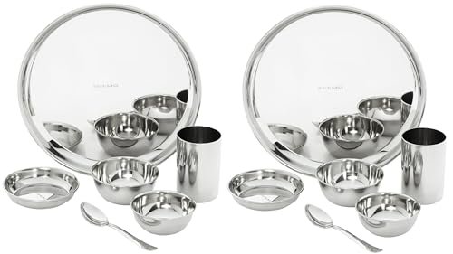 Amazon Brand – Solimo Dinner Set| Stainless Steel | Set of 6 | Solid Mirror Finish | Silver (Pack of 2)