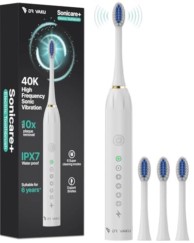 DR VAKU® Sonicare+ Electric Toothbrush for Men Woman Adults sonic with 6 Modes, 4 Brush Heads, 60-Day Battery Backup, Rechargeable & IPX7 Waterproof Automatic Power Best Electrical Tooth Brush- White