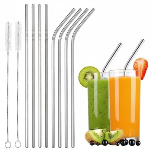 SHITHI Stainless Steel Reusable Metal Straws (Pack of 8 – 4 Straight, 4 Bent) with 2 Cleaning Brushes, Value Pack Drinking Straws for Juice, Smoothie & Milkshake, Silver