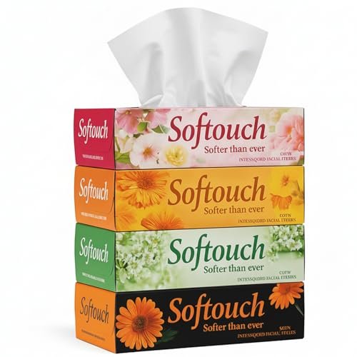 Softouch 2 Ply Facial Tissue Box | 400 Pulls | 100 Pulls X 4 Cartons | Soft And Highly Absorbent | 100% Natural Virgin Cellulose Fiber