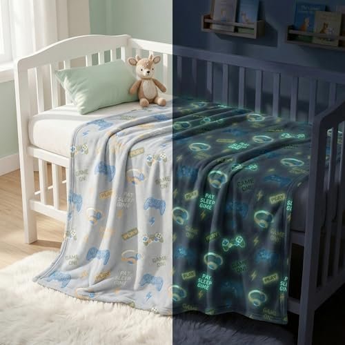 BSB HOME Glow in The Dark Kids Blanket, Soft Flannel Fleece Luminous Blanket for Boys & Girls, Cozy Lightweight Kids Throw for Bed – 30 x 40 in (76 x 102 cm) (Game On Theme – Light Grey)