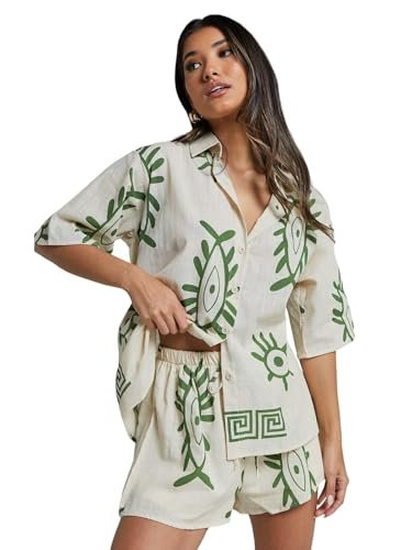 Women’s Linen Button-Down Shirt and Shorts Set, Cream with Green Tribal Print, Half Sleeve (M)
