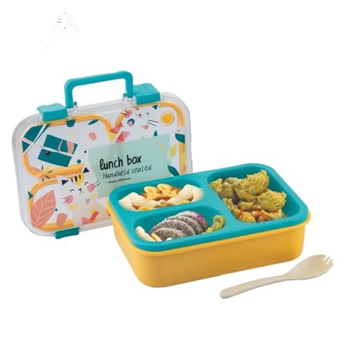 ATTRO Kitty Kart Plastic Lunch Box – 3 Compartment Bento Tiffin, Leak-Proof & Durable, Plastic Cutlery, Ideal for Kids, School,Picnic – 800ml, Blue Orange