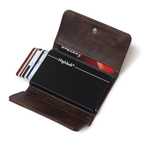 Highlark Leather Pop-Up Card Holder Wallet – RFID Protected Vegan Leather Cardholder for Men & Women | Slim Aluminium Case | Quick Access | Holds 8–9 Cards | Minimal Luxury Wallet
