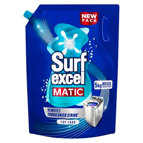 Surf Excel Matic Top Load Liquid Detergent 5L Refill Pouch, Specially designed to remove Tough Dried Stains, 1st time in Washing Machine