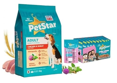 Mankind Petstar Adult Dog Food (High Protein) Combo – Chicken & Wheat 3 kg + Adult Gravy 120g (Pack of 15)