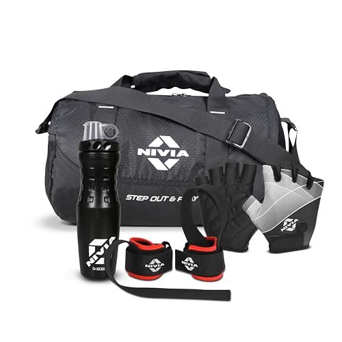 Nivia Gym Combo, 1 Bag, 1 Bottle, 1 Pair of Crystal Gloves, 1 Pair of Weightlifting Wrist Support (5183BK+710LBK+511+11044)