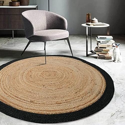 AAWAAS 2×2 feet Round Jute Black B Rug – Handwoven Natural Braided Circle Carpet for Living Room, Bedroom, Entryway — (2×2 feet, Round)