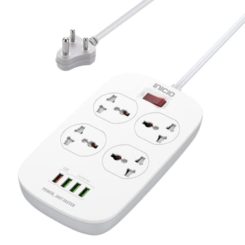 INICIO QC3.0 Fast Charge Extension Board [ 18W QC3.0 + 3 USB Ports + 4 Universal Sockets ] 2500W 10A Power Strip Surge Protector with 2m Heavy Duty Indian 3 Pin Cord for Home Office Use