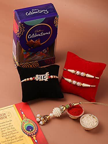 Cadbury 4 Rakhi Combo for Brother Bhabhi Kids with Celebration Chocolate Gift Pack/Rakshabandhan with Gift for Brother with chocolate combo/Lumba/Pearl Designer/Greeting Card