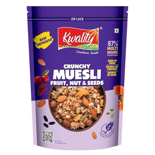 Kwality Muesli Fruit and Nut 500gram | 76% Multi Grains | No Maida | Natural Source of Vitamin & Iron | High in Protein & Fiber | Low Fat & Cholesterol | Healthy Food & Breakfast Cereal