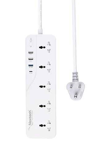 Nextech Power Plate 9-in-1 Extension Board with 5 Universal Sockets, 20W Type-C Port, 3 USB Ports with 2.1 Amp USB Output & 3M Long Cord | 2500W Multi Plug Surge Protector for Home & Office