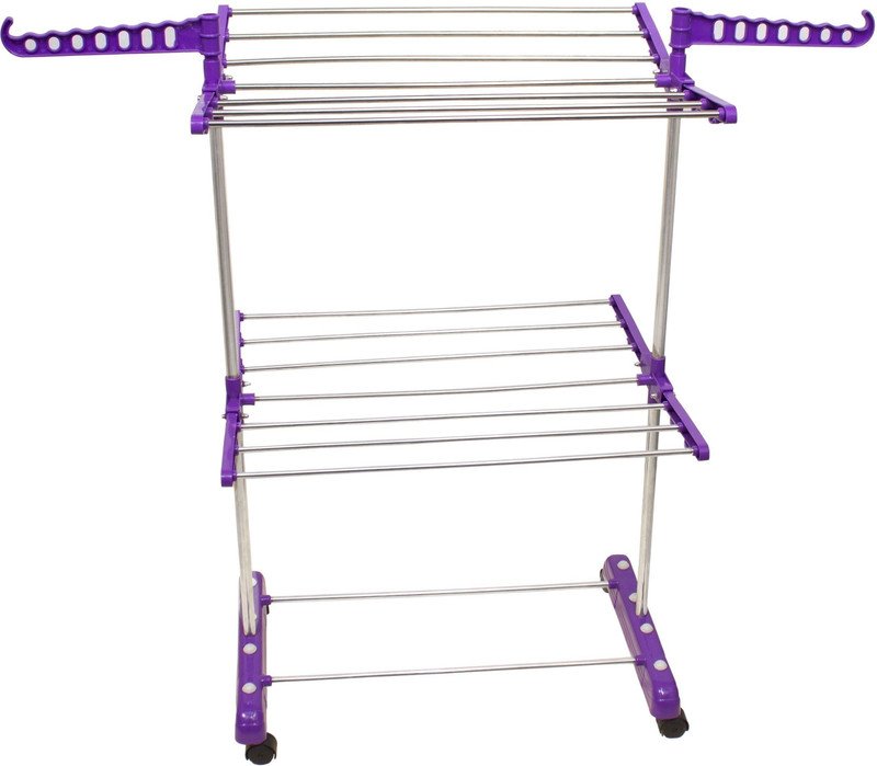 Unizone Steel, Aluminium, Plastic Floor Cloth Dryer Stand SS Premium Compact Space Saving Foldable – US2326 Single Poll(2 Tier)
