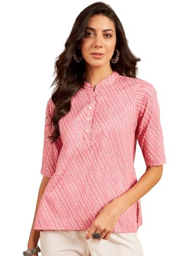 Modeve Pink Striped Mandarin Collar Cotton Shirt Style Top_Medium