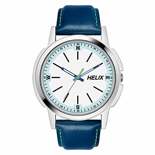 Helix by Timex Analog Watch for Man with White Round Dial & Blue Leather Strap Band Water Resistant Men’s Wrist Watches – TW050HG00