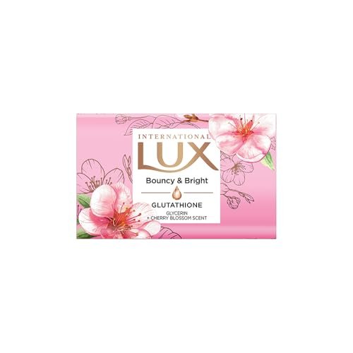 LUX International Bouncy & Bright Bathing Soap, 4 x 130g, LUXURIOUS BATHING EXPERIENCE, for Hydrated & Radiant Skin, with Glutathione & Glycerin, Improves Skin Texture, Cherry Blossom Fragrance