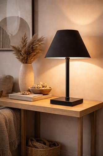 tu casa Black Cotton Shade Table Lamp with Black Metal Iron Base | Elegant Bedside, Desk & Night Lamp for Bedroom, Living Room, Dining Area, Office | Home Décor & Gifting