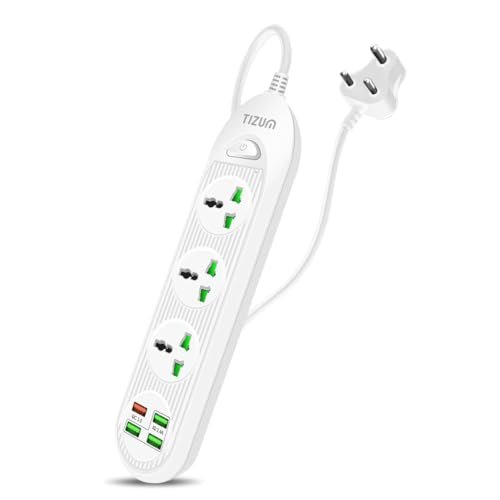 Tizum 3000W Power Converter, Fast Charging Extension Board/Cord, 3 Power Sockets, 1 QC/USB 3.0, 3 USB 2.0 Ports, 2M Cord Length, Short Circuit Protection, 10Amp Power Outlet, Intelligent Chip (White)
