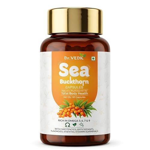 Dr Vedic Sea Buckthorn Berry Oil 500mg Capsules | Vegan Omega 3, 6, 7 & 9 Supplement for Skin, Heart, Joint & Bone Support | Natural Antioxidant Formula | 60 Capsules | 30 Day Supply (1)