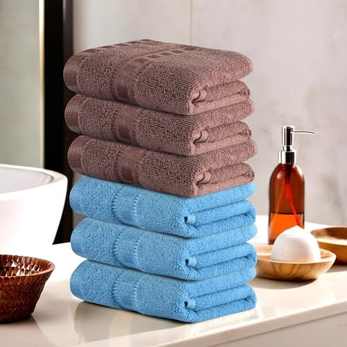 Urbane Home Pack of 6 Cotton Hand/Face Towels for Men & Women | Easily Washable | Workout Gym Napkins for Men | Pocket Towel – Sky Blue & Brown