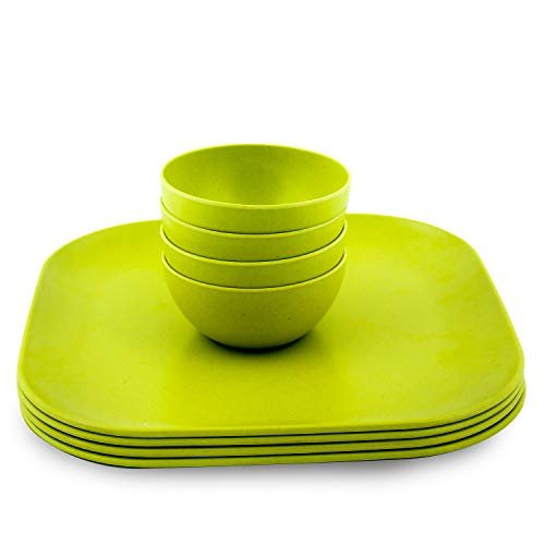 Decor EcoLite Bamboo Non Toxic Reusable Eco-Friendly Dinner Set for Couples – 4 Small Plates and 4 Bowls (Lime) – 8 Pieces