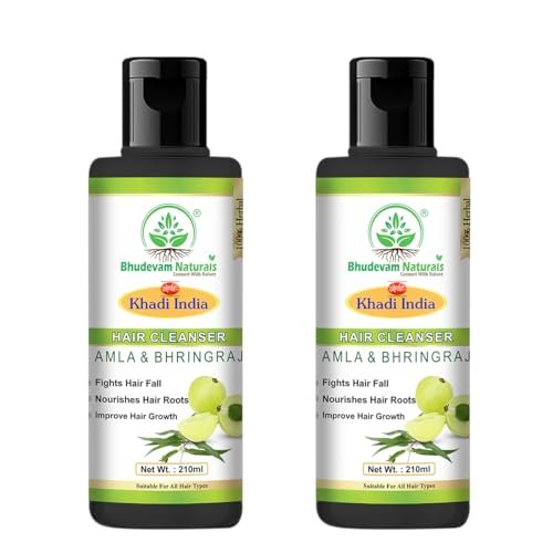 Khadi Organic and Natural Amla & Bhringraj Shampoo Strengthens Hair, Promotes Growth, and Reduces Dandruff By Bhudevam Naturals | Anti Dandruff Shampoo for Nourishing Hair| Suitable for All Hair Types, Pack of 2